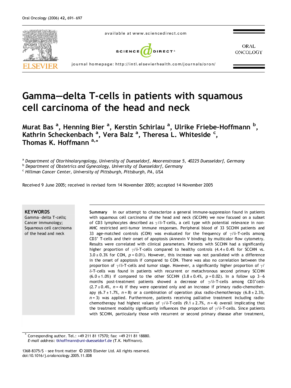 Gamma–delta T-cells in patients with squamous cell carcinoma of the head and neck