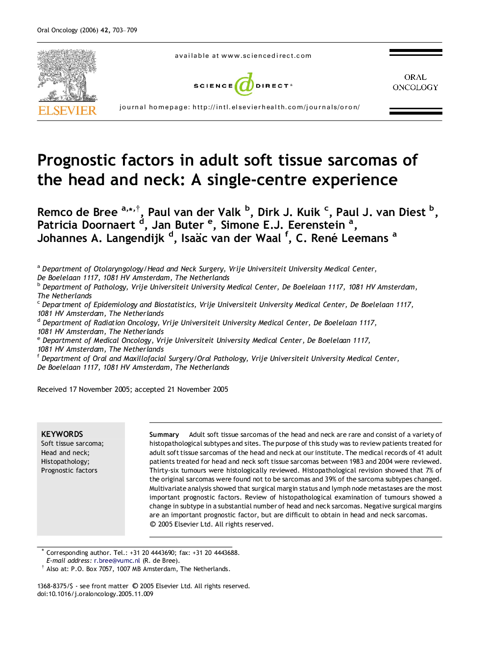 Prognostic factors in adult soft tissue sarcomas of the head and neck: A single-centre experience