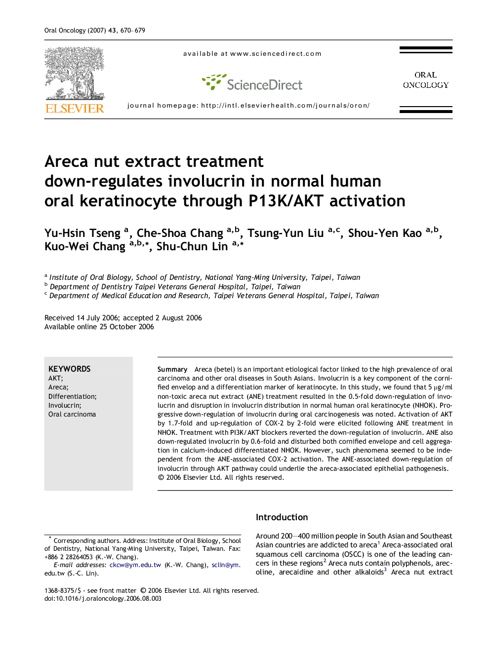 Areca nut extract treatment down-regulates involucrin in normal human oral keratinocyte through P13K/AKT activation