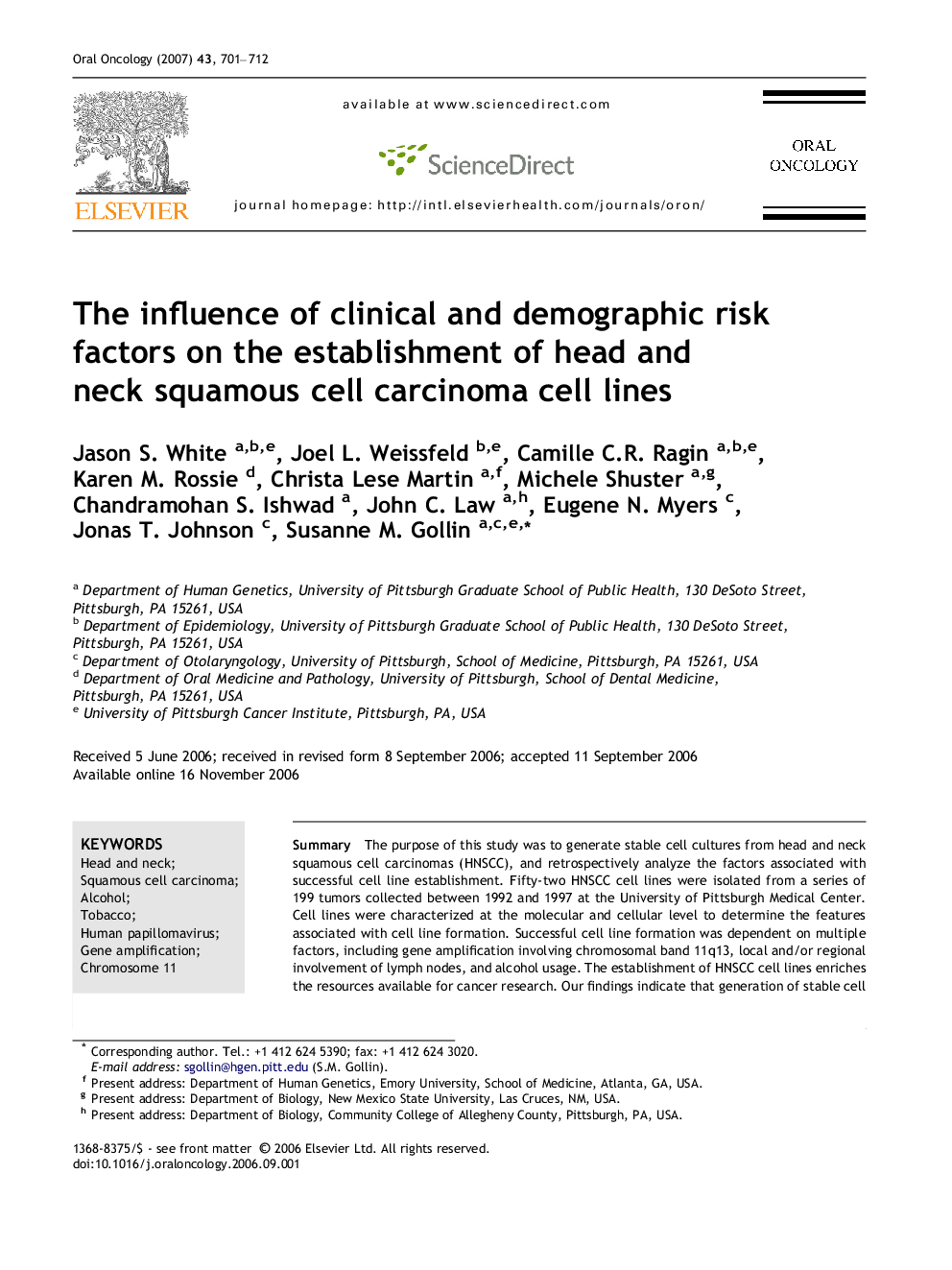 The influence of clinical and demographic risk factors on the establishment of head and neck squamous cell carcinoma cell lines