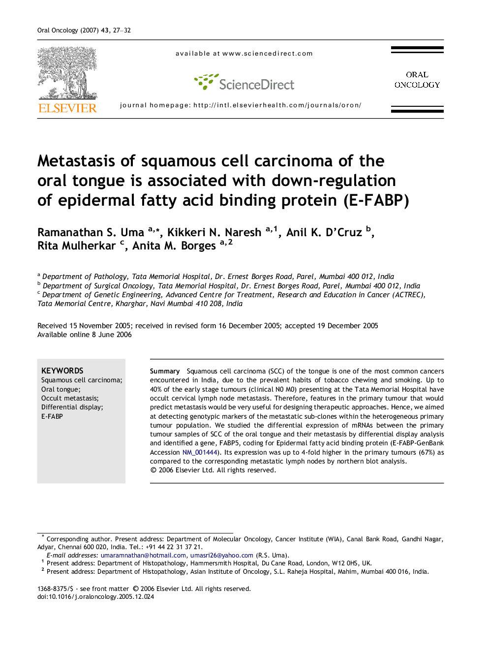 Metastasis of squamous cell carcinoma of the oral tongue is associated with down-regulation of epidermal fatty acid binding protein (E-FABP)