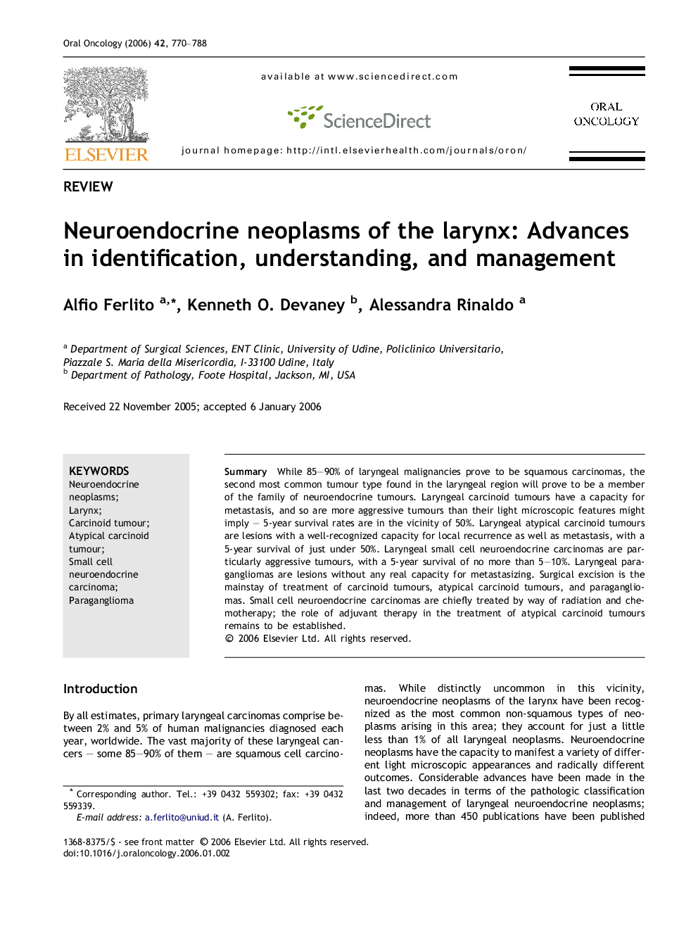 Neuroendocrine neoplasms of the larynx: Advances in identification, understanding, and management