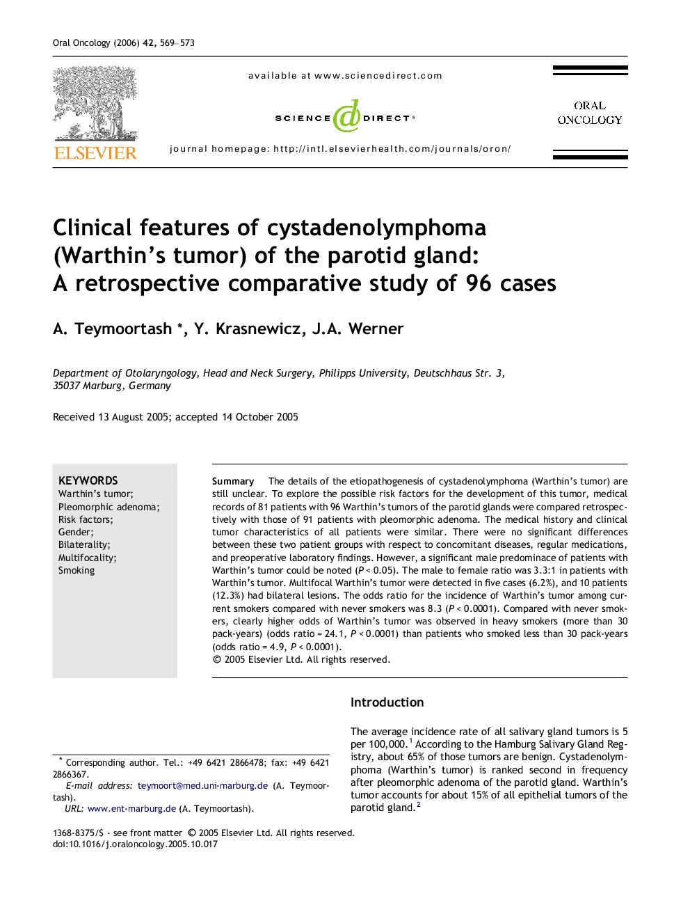 Clinical features of cystadenolymphoma (Warthin’s tumor) of the parotid gland: A retrospective comparative study of 96 cases