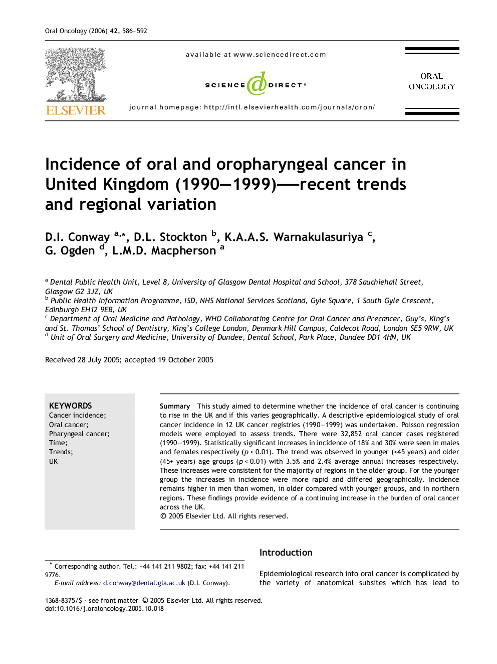 Incidence of oral and oropharyngeal cancer in United Kingdom (1990–1999)—recent trends and regional variation