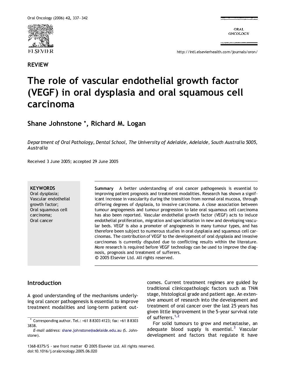 عکس صفحه اول مقاله: The role of vascular endothelial growth factor (VEGF) in oral dysplasia and oral squamous cell carcinoma The role of vascular endothelial growth factor (VEGF) in oral dysplasia and oral squamous cell carcinoma