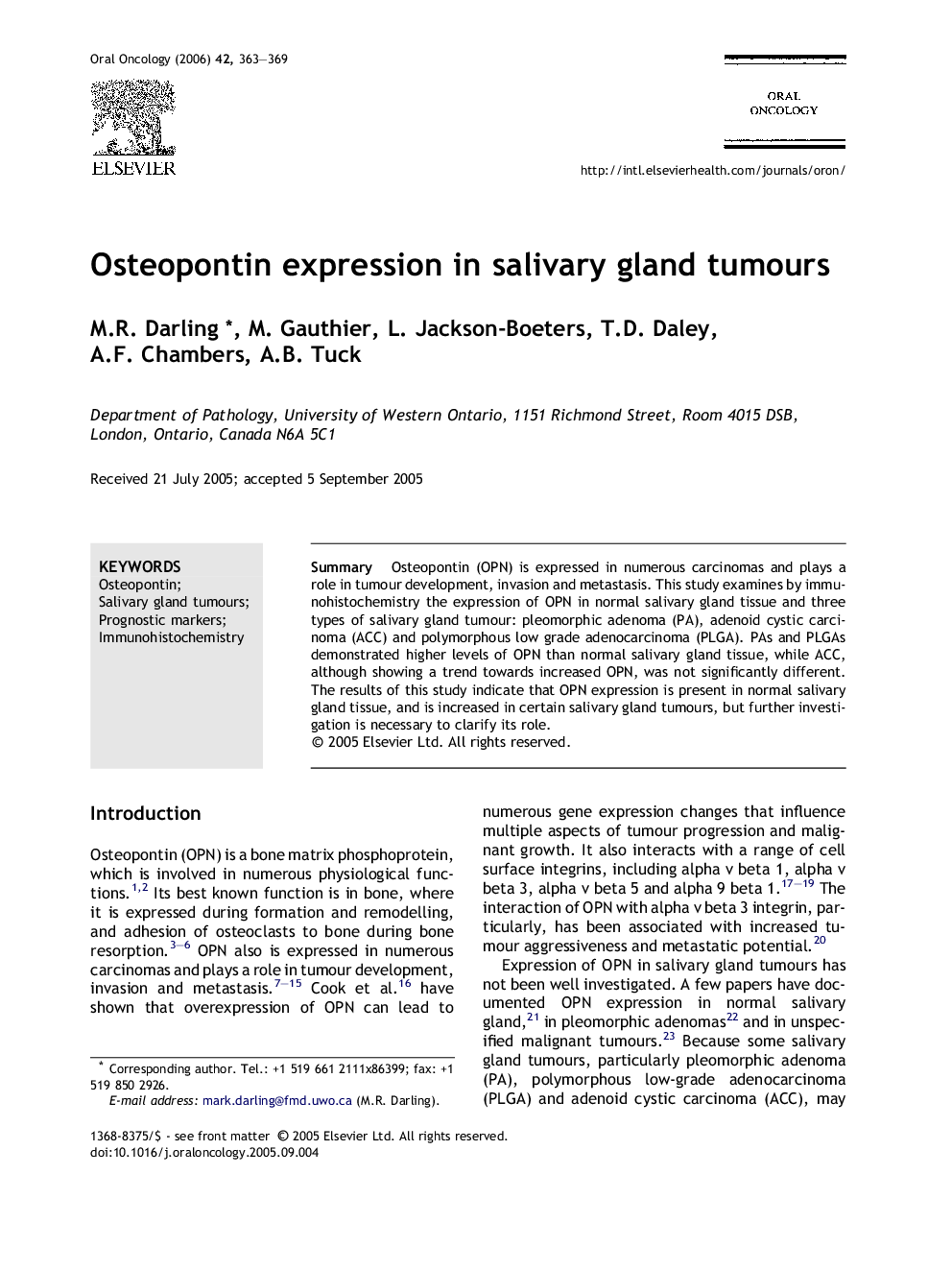 Osteopontin expression in salivary gland tumours