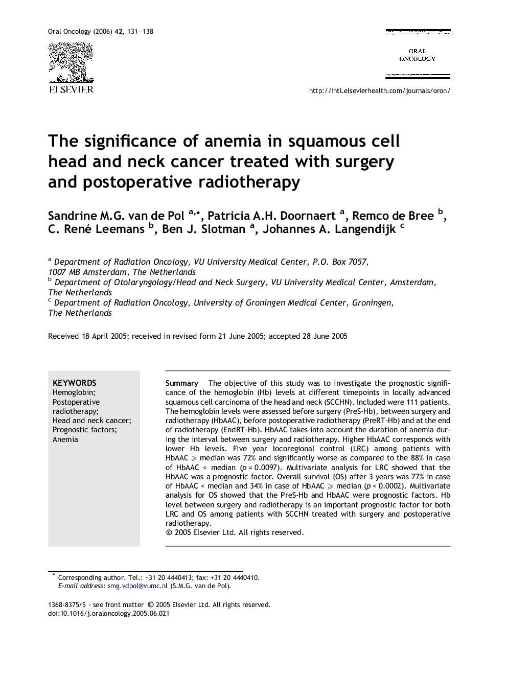 The significance of anemia in squamous cell head and neck cancer treated with surgery and postoperative radiotherapy