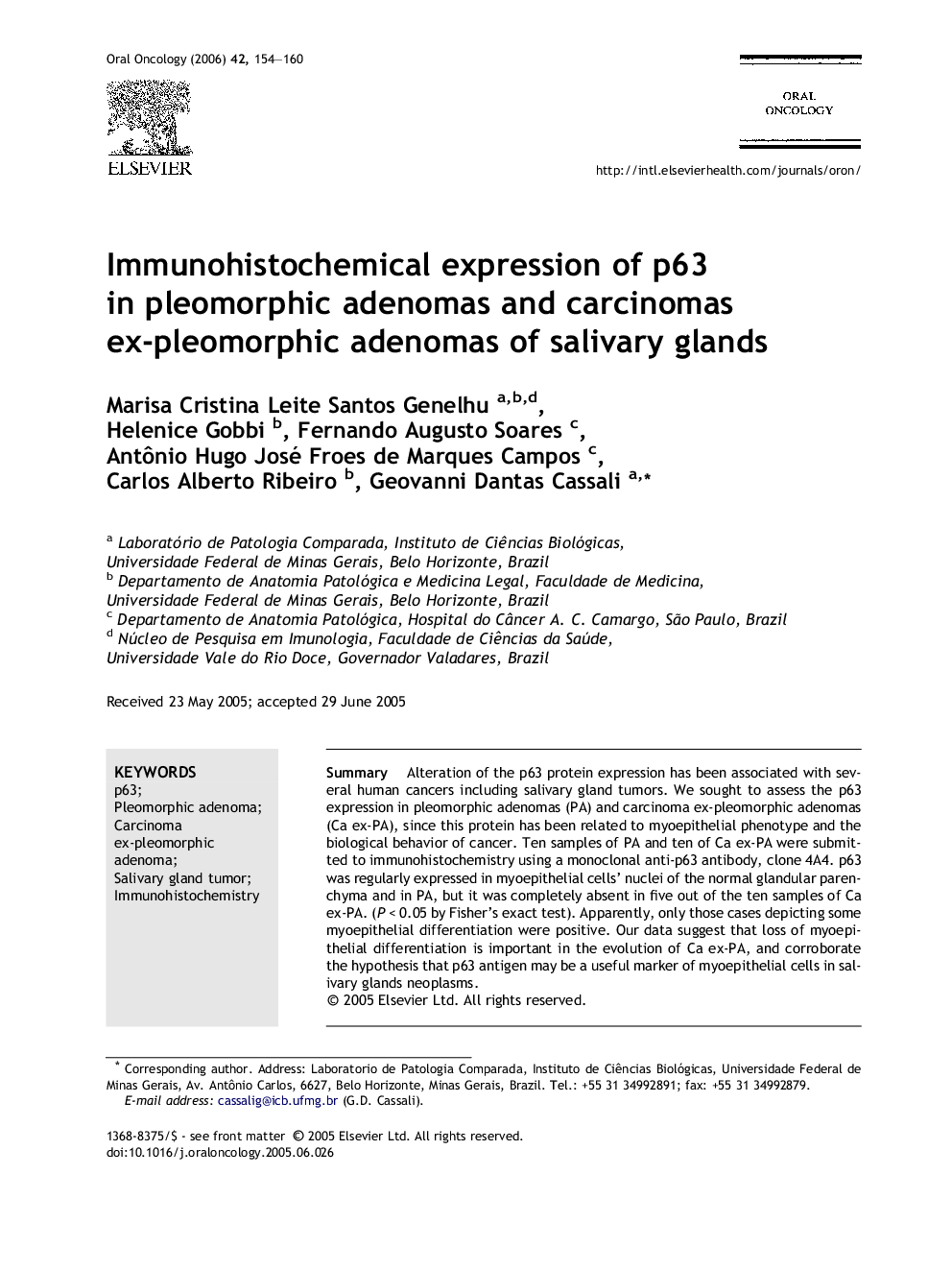 Immunohistochemical expression of p63 in pleomorphic adenomas and carcinomas ex-pleomorphic adenomas of salivary glands