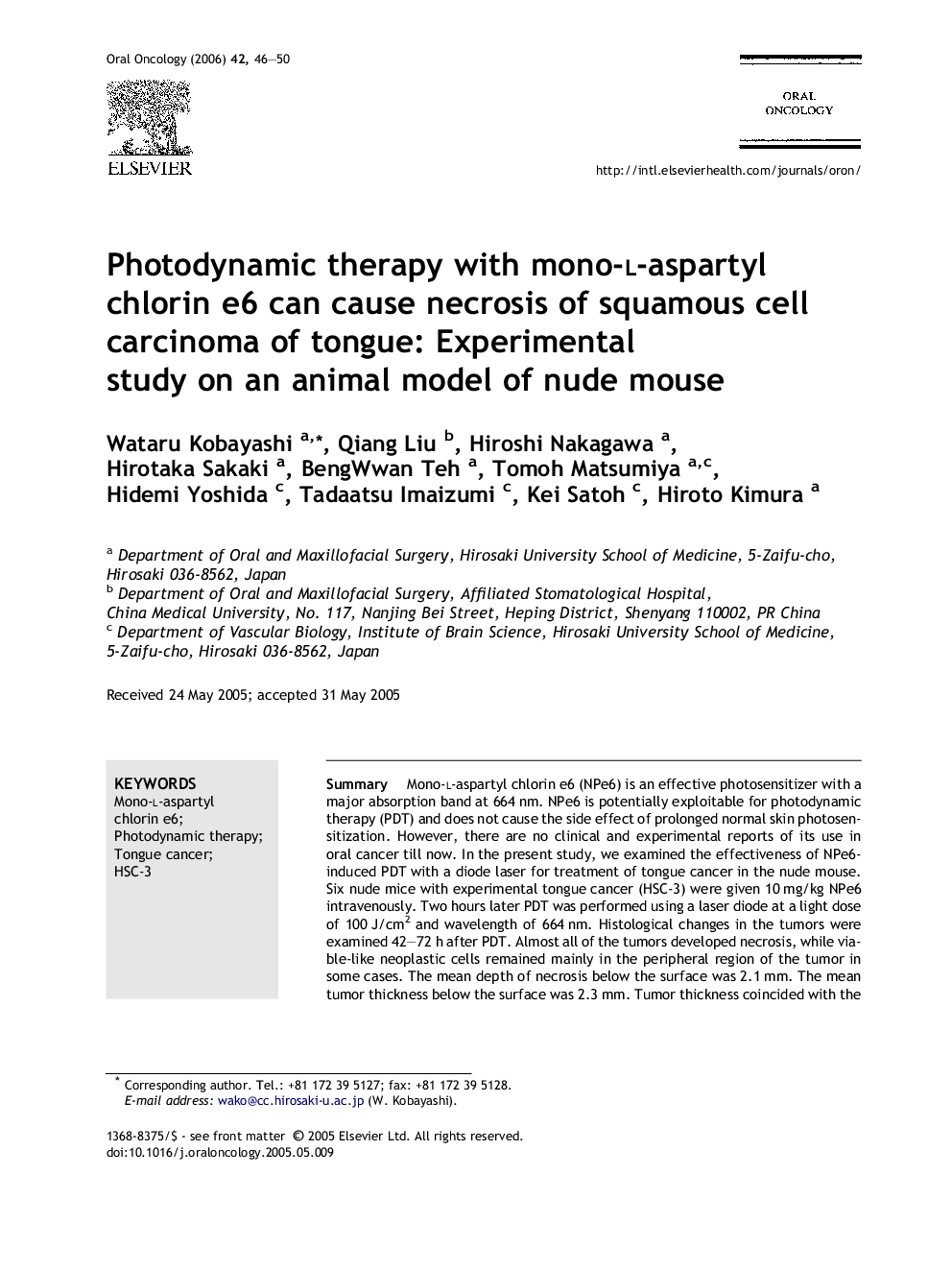 Photodynamic therapy with mono-l-aspartyl chlorin e6 can cause necrosis of squamous cell carcinoma of tongue: Experimental study on an animal model of nude mouse