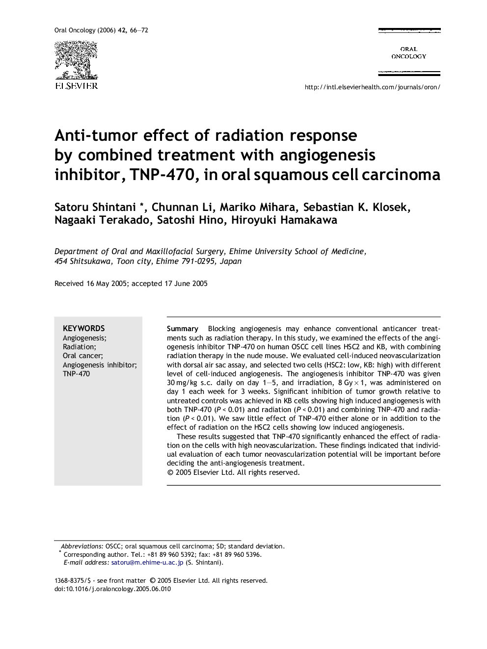 Anti-tumor effect of radiation response by combined treatment with angiogenesis inhibitor, TNP-470, in oral squamous cell carcinoma