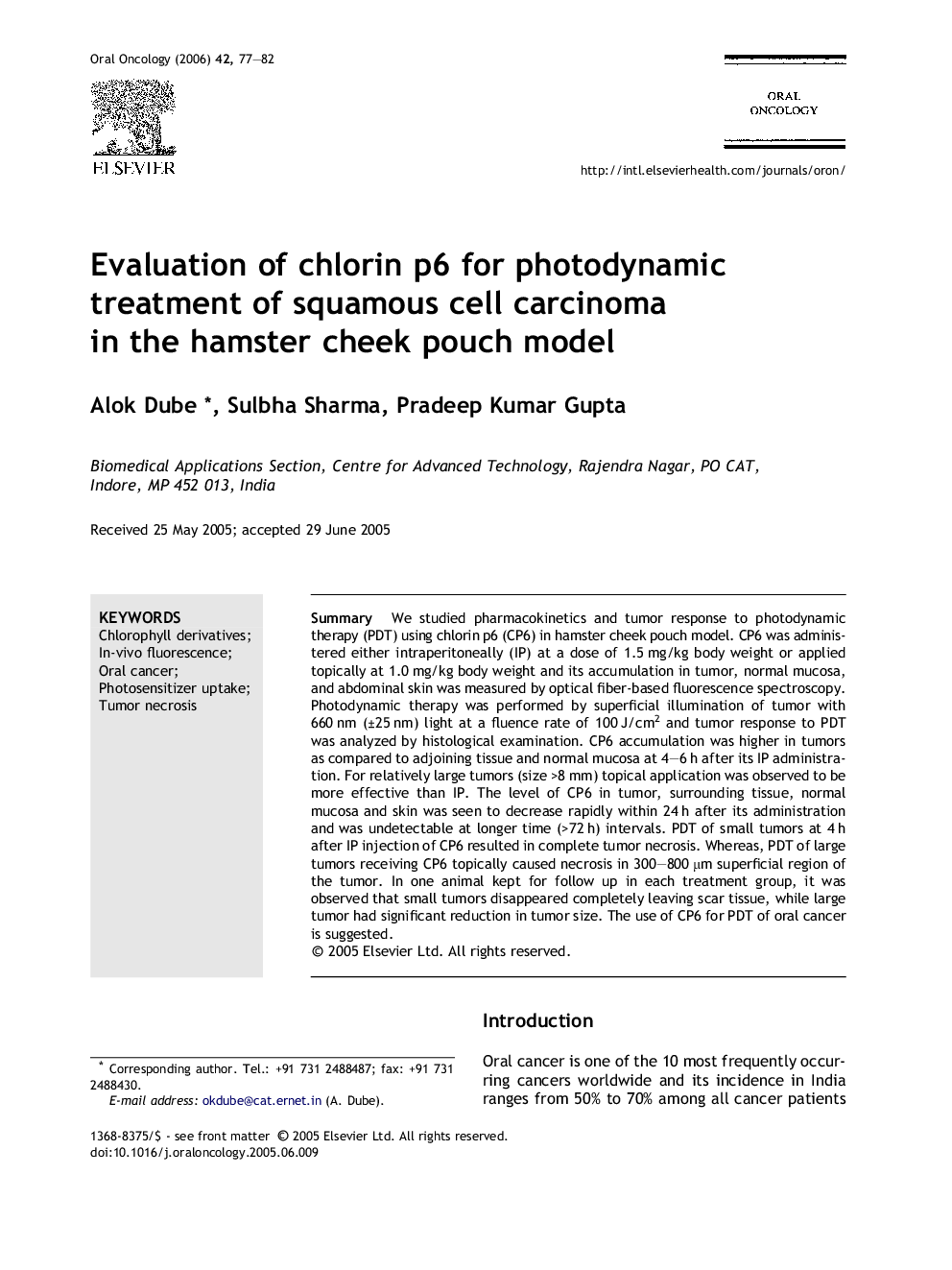 Evaluation of chlorin p6 for photodynamic treatment of squamous cell carcinoma in the hamster cheek pouch model