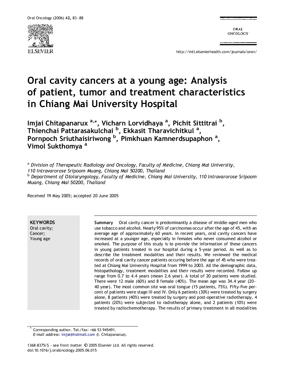 Oral cavity cancers at a young age: Analysis of patient, tumor and treatment characteristics in Chiang Mai University Hospital