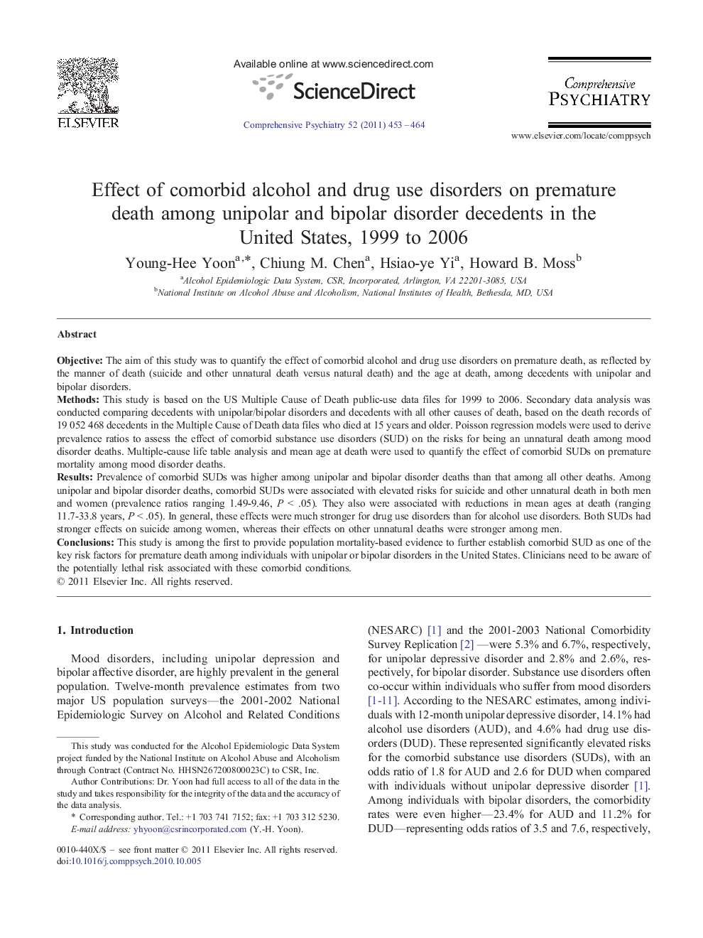عکس صفحه اول مقاله: Effect of comorbid alcohol and drug use disorders on premature death among unipolar and bipolar disorder decedents in the United States, 1999 to 2006 Effect of comorbid alcohol and drug use disorders on premature death among unipolar and bipolar disorder decedents in the United States, 1999 to 2006