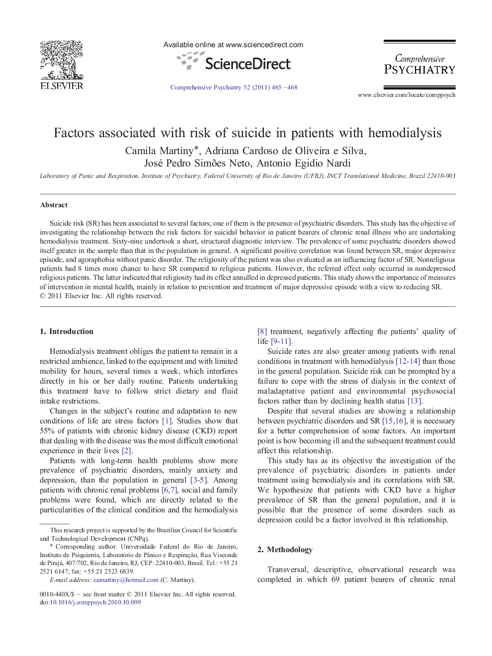 عکس صفحه اول مقاله: Factors associated with risk of suicide in patients with hemodialysis Factors associated with risk of suicide in patients with hemodialysis