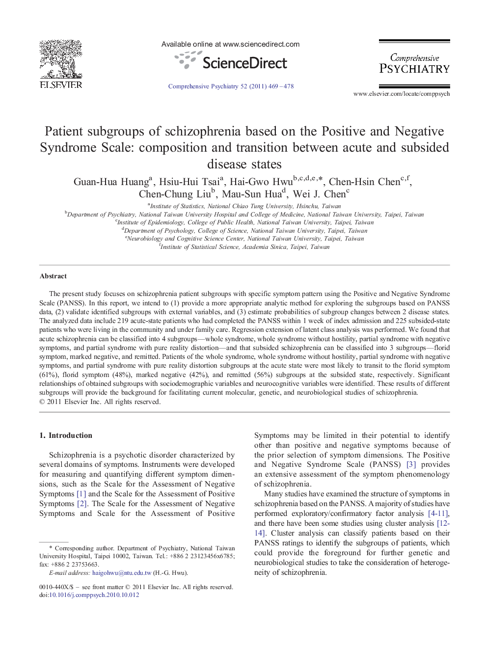 عکس صفحه اول مقاله: Patient subgroups of schizophrenia based on the Positive and Negative Syndrome Scale: composition and transition between acute and subsided disease states Patient subgroups of schizophrenia based on the Positive and Negative Syndrome Scale: composition and transition between acute and subsided disease states