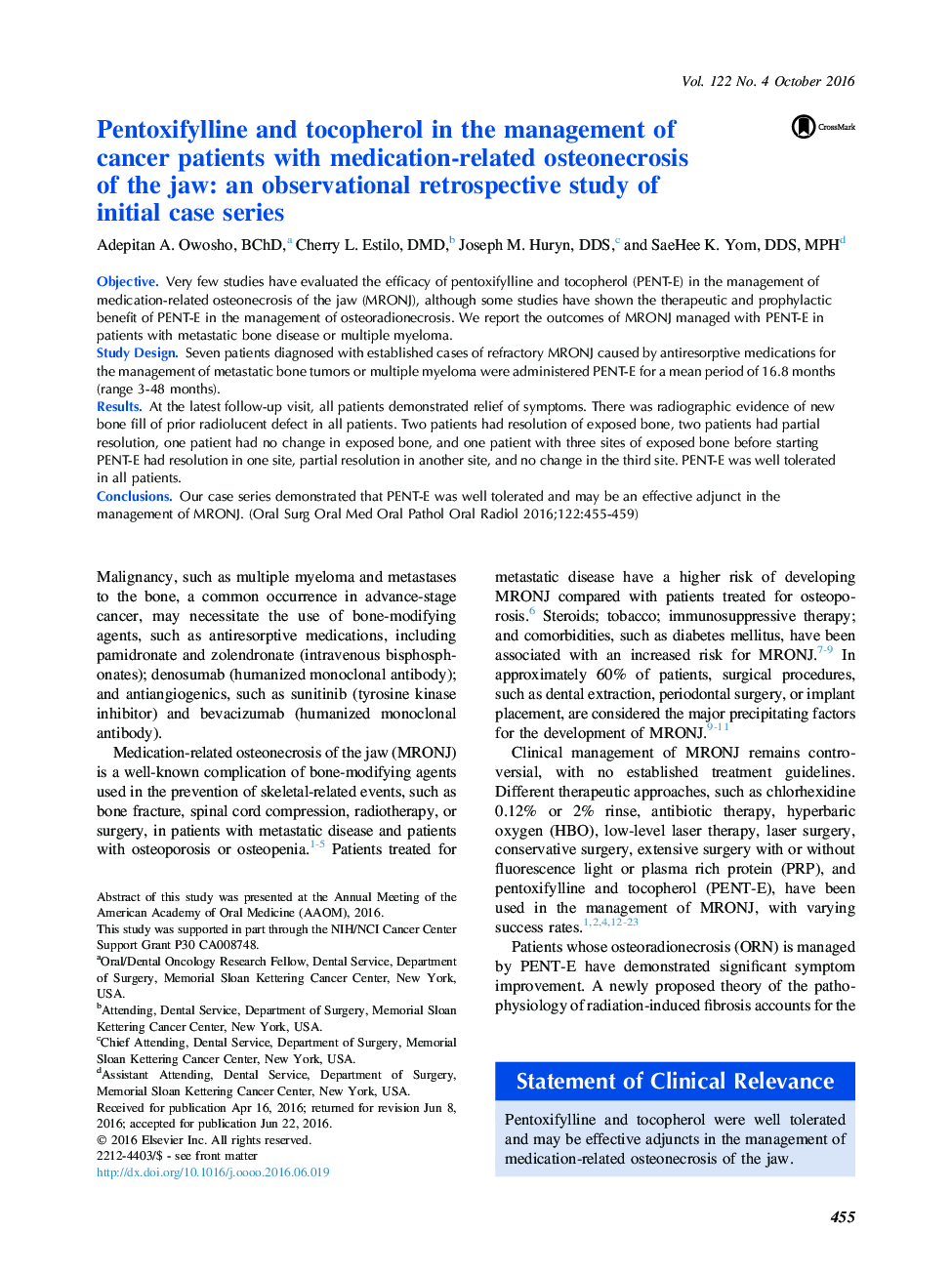 Pentoxifylline and tocopherol in the management of cancer patients with medication-related osteonecrosis of the jaw: an observational retrospective study of initial case series 