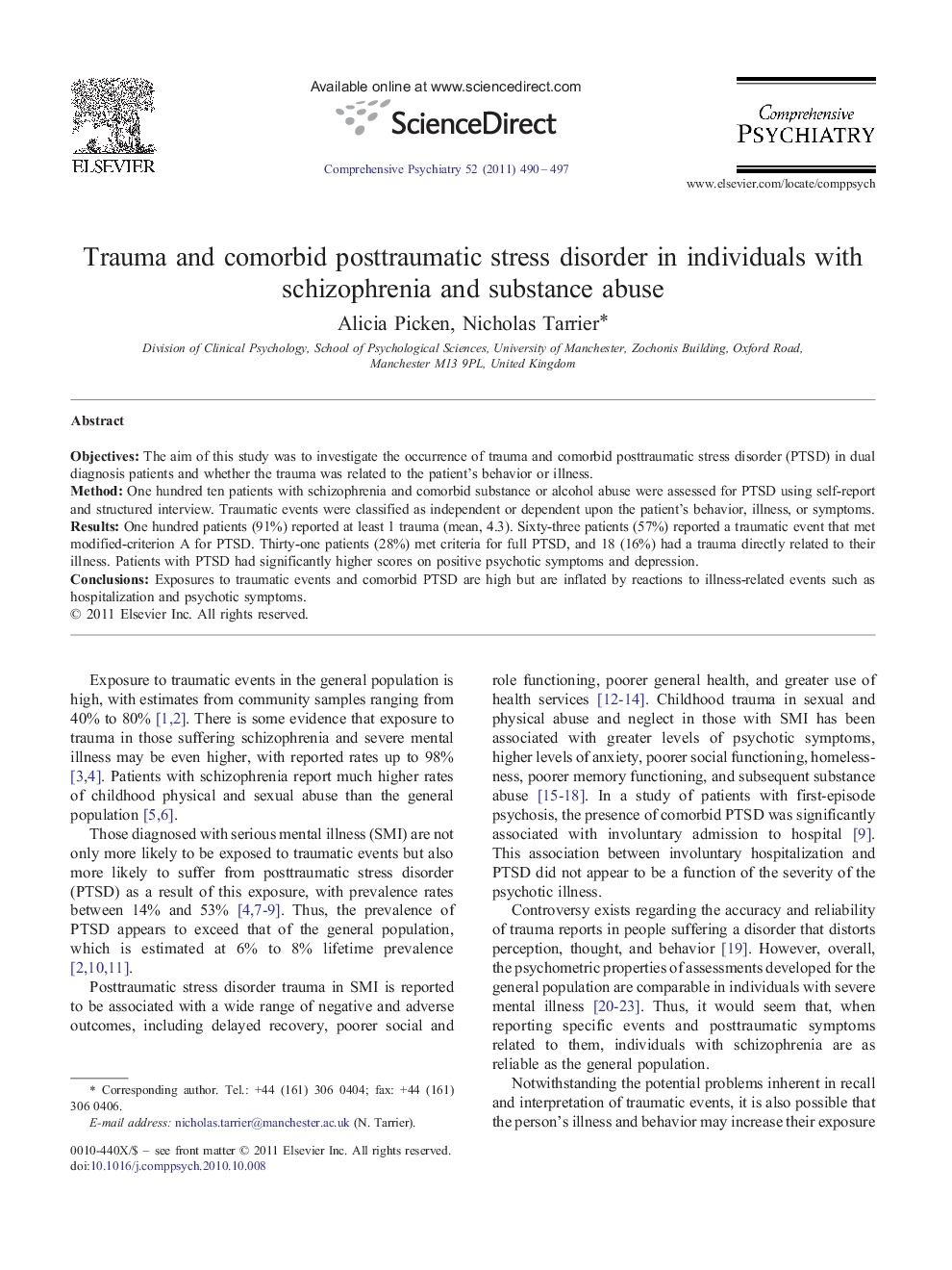 عکس صفحه اول مقاله: Trauma and comorbid posttraumatic stress disorder in individuals with schizophrenia and substance abuse Trauma and comorbid posttraumatic stress disorder in individuals with schizophrenia and substance abuse