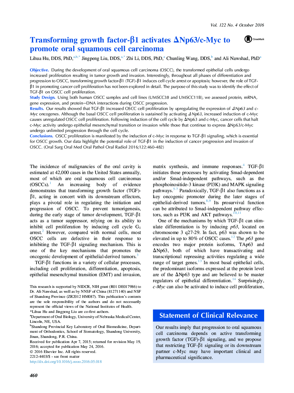 Transforming growth factor-Î²1 activates ÎNp63/c-Myc to promote oral squamous cell carcinoma