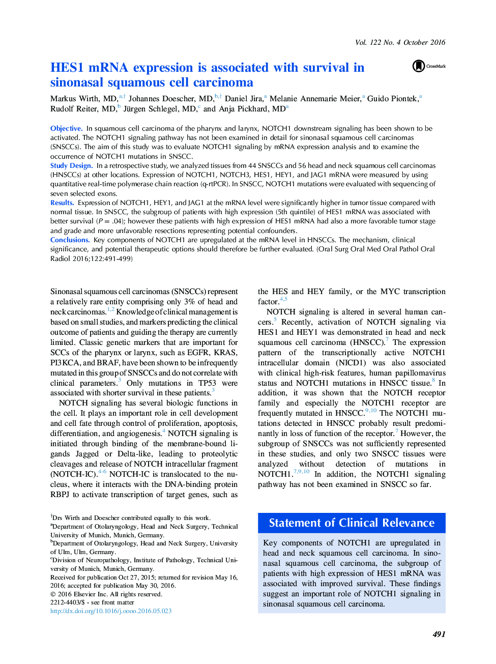 عکس صفحه اول مقاله: HES1 mRNA expression is associated with survival in sinonasal squamous cell carcinoma HES1 mRNA expression is associated with survival in sinonasal squamous cell carcinoma