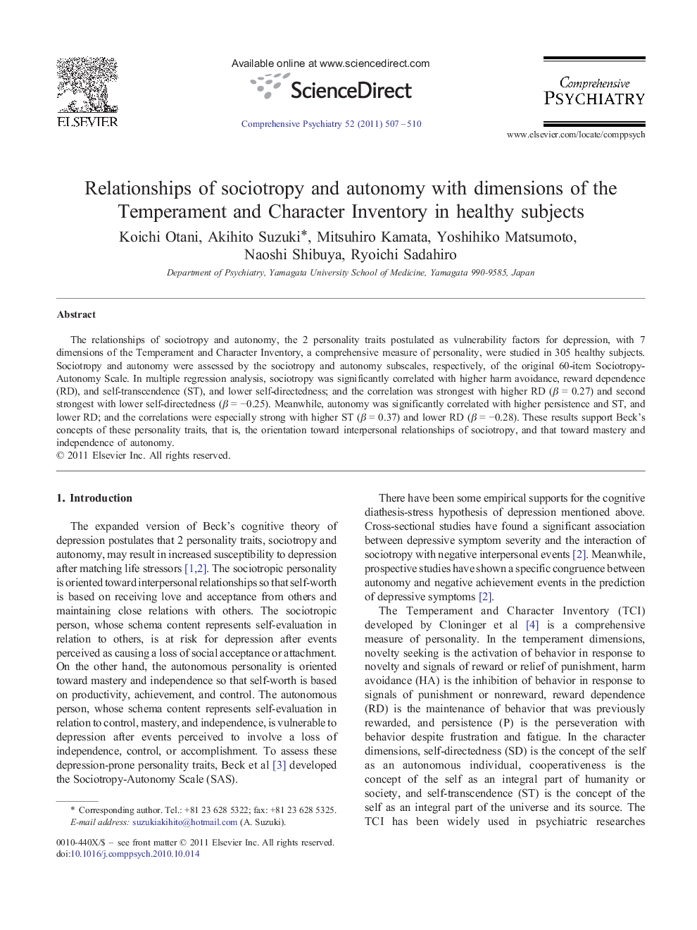 عکس صفحه اول مقاله: Relationships of sociotropy and autonomy with dimensions of the Temperament and Character Inventory in healthy subjects Relationships of sociotropy and autonomy with dimensions of the Temperament and Character Inventory in healthy subjects
