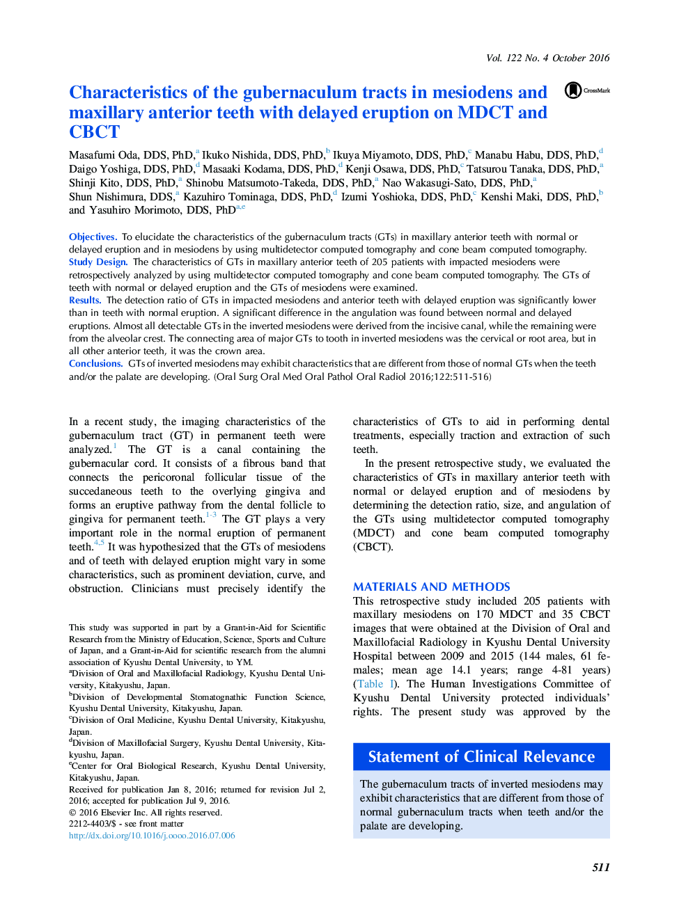 Characteristics of the gubernaculum tracts in mesiodens and maxillary anterior teeth with delayed eruption on MDCT and CBCT 