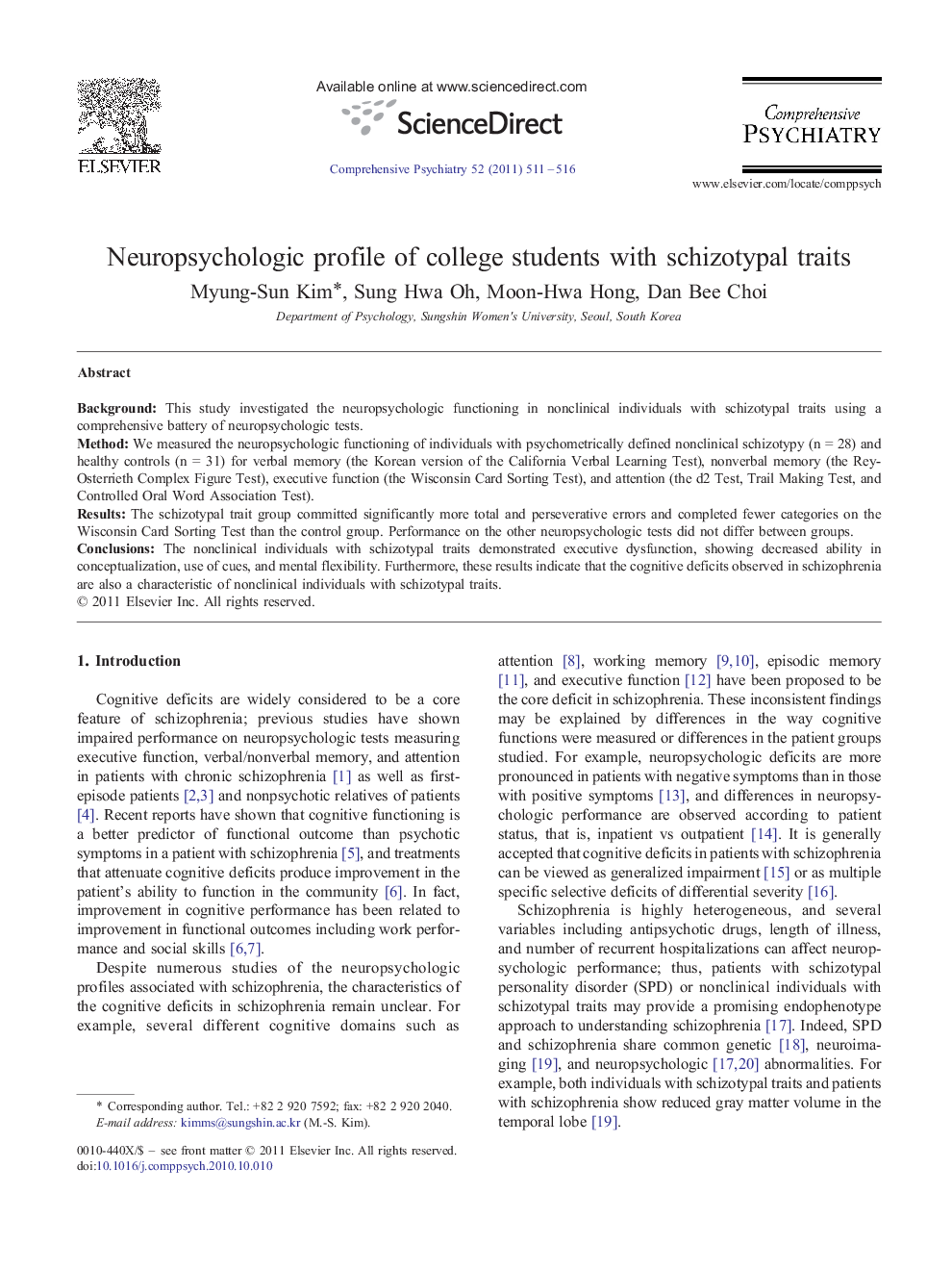 عکس صفحه اول مقاله: Neuropsychologic profile of college students with schizotypal traits Neuropsychologic profile of college students with schizotypal traits