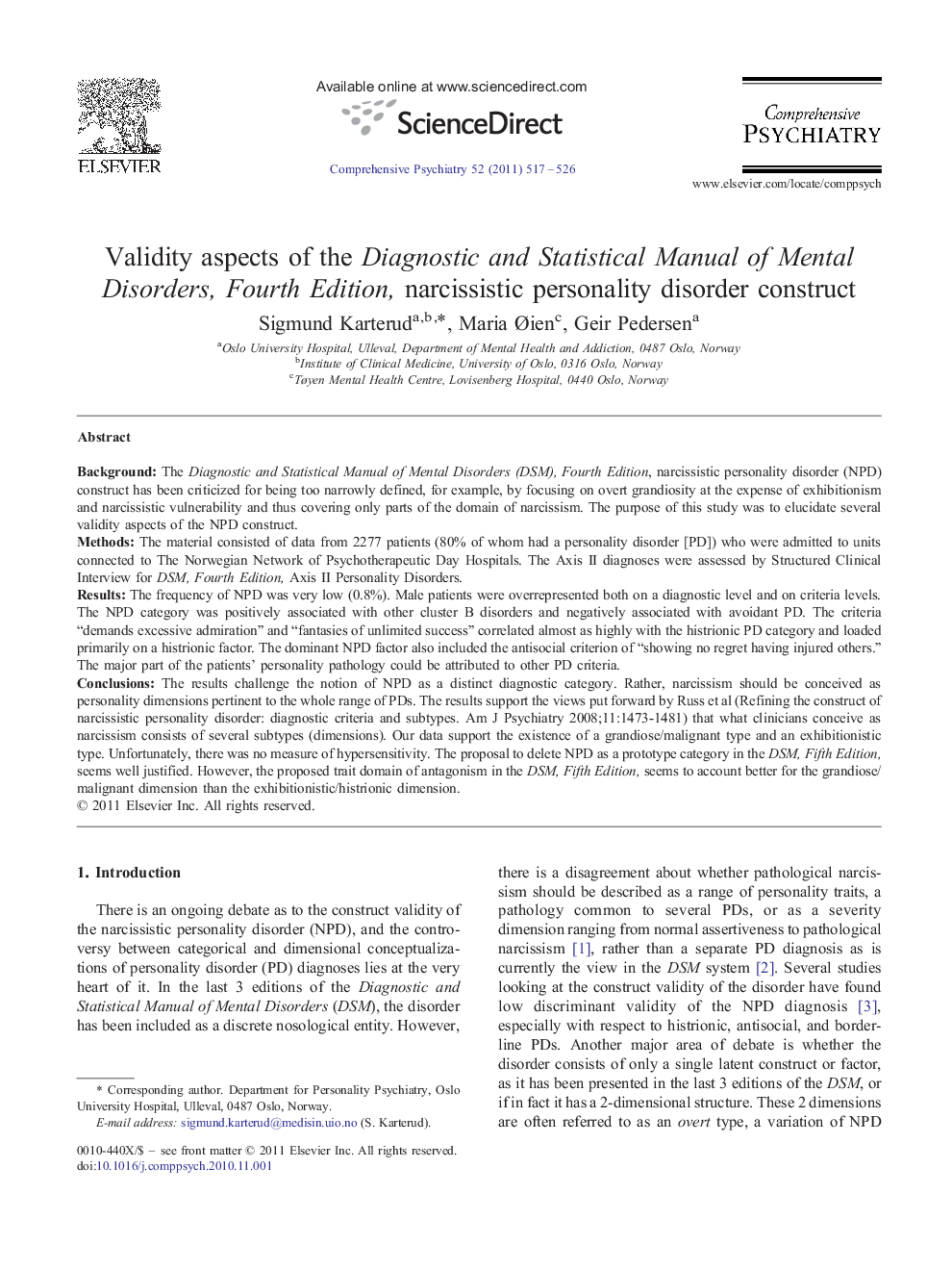 عکس صفحه اول مقاله: Validity aspects of the Diagnostic and Statistical Manual of Mental Disorders, Fourth Edition, narcissistic personality disorder construct Validity aspects of the Diagnostic and Statistical Manual of Mental Disorders, Fourth Edition, narcissistic personality disorder construct