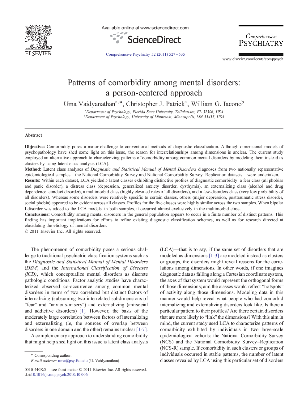 عکس صفحه اول مقاله: Patterns of comorbidity among mental disorders: a person-centered approach Patterns of comorbidity among mental disorders: a person-centered approach