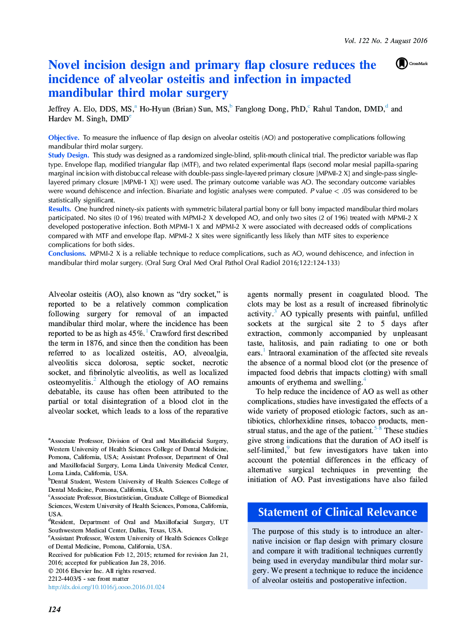 Novel incision design and primary flap closure reduces the incidence of alveolar osteitis and infection in impacted mandibular third molar surgery