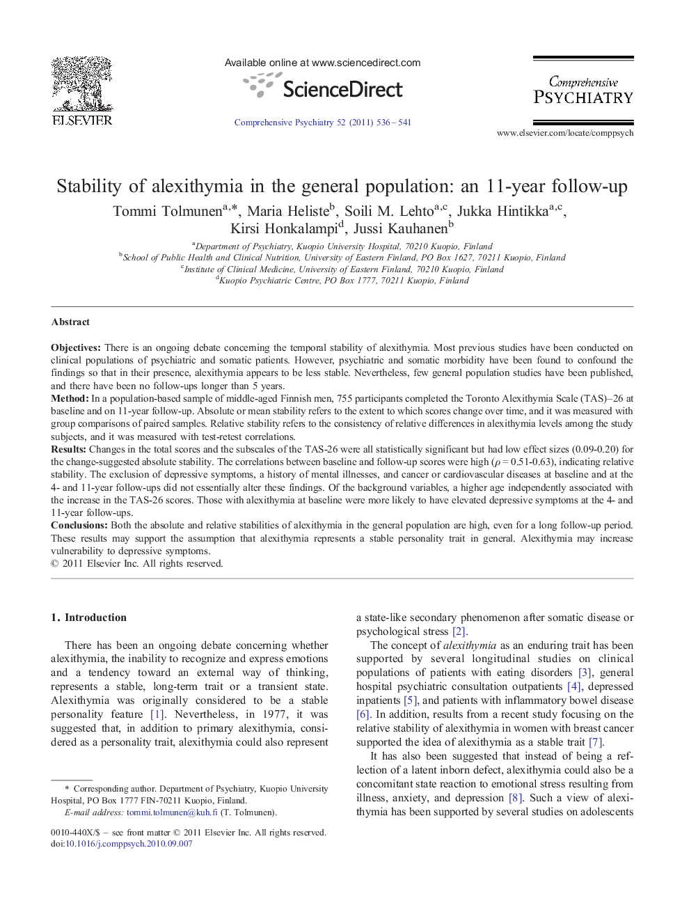 Stability of alexithymia in the general population: an 11-year follow-up