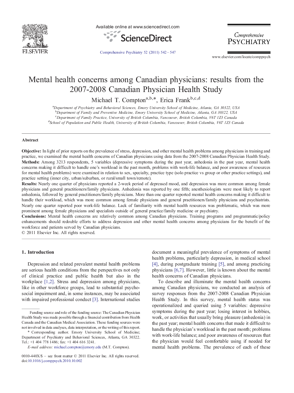 Mental health concerns among Canadian physicians: results from the 2007-2008 Canadian Physician Health Study 
