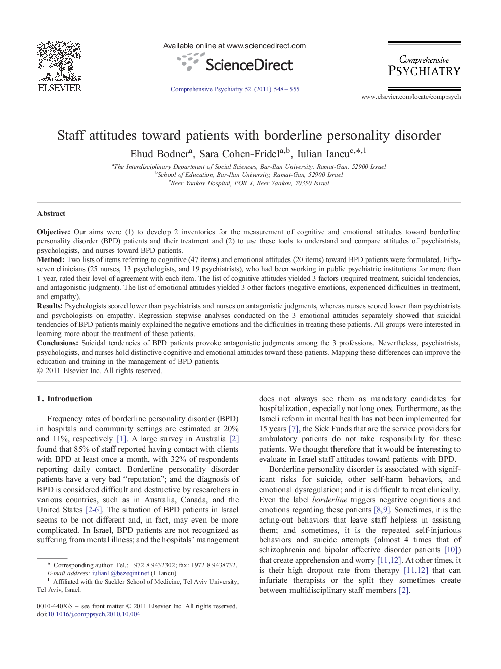 Staff attitudes toward patients with borderline personality disorder