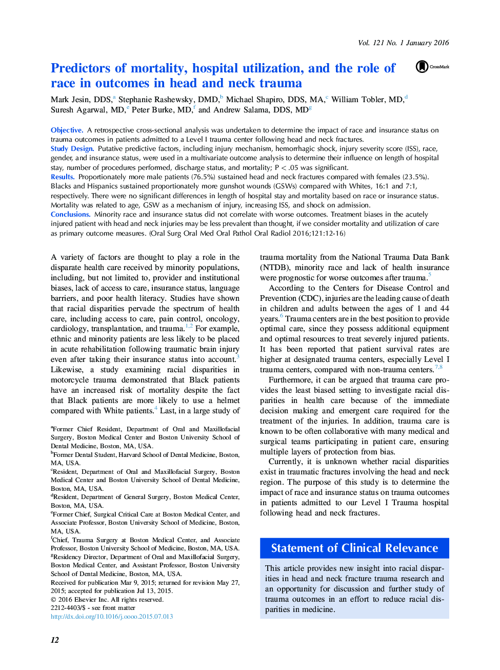 Predictors of mortality, hospital utilization, and the role of race in outcomes in head and neck trauma