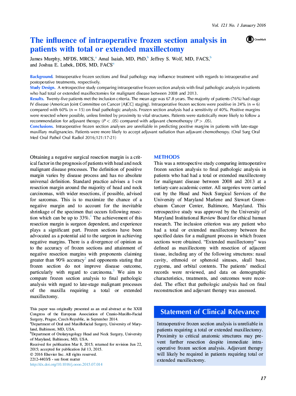 The influence of intraoperative frozen section analysis in patients with total or extended maxillectomy