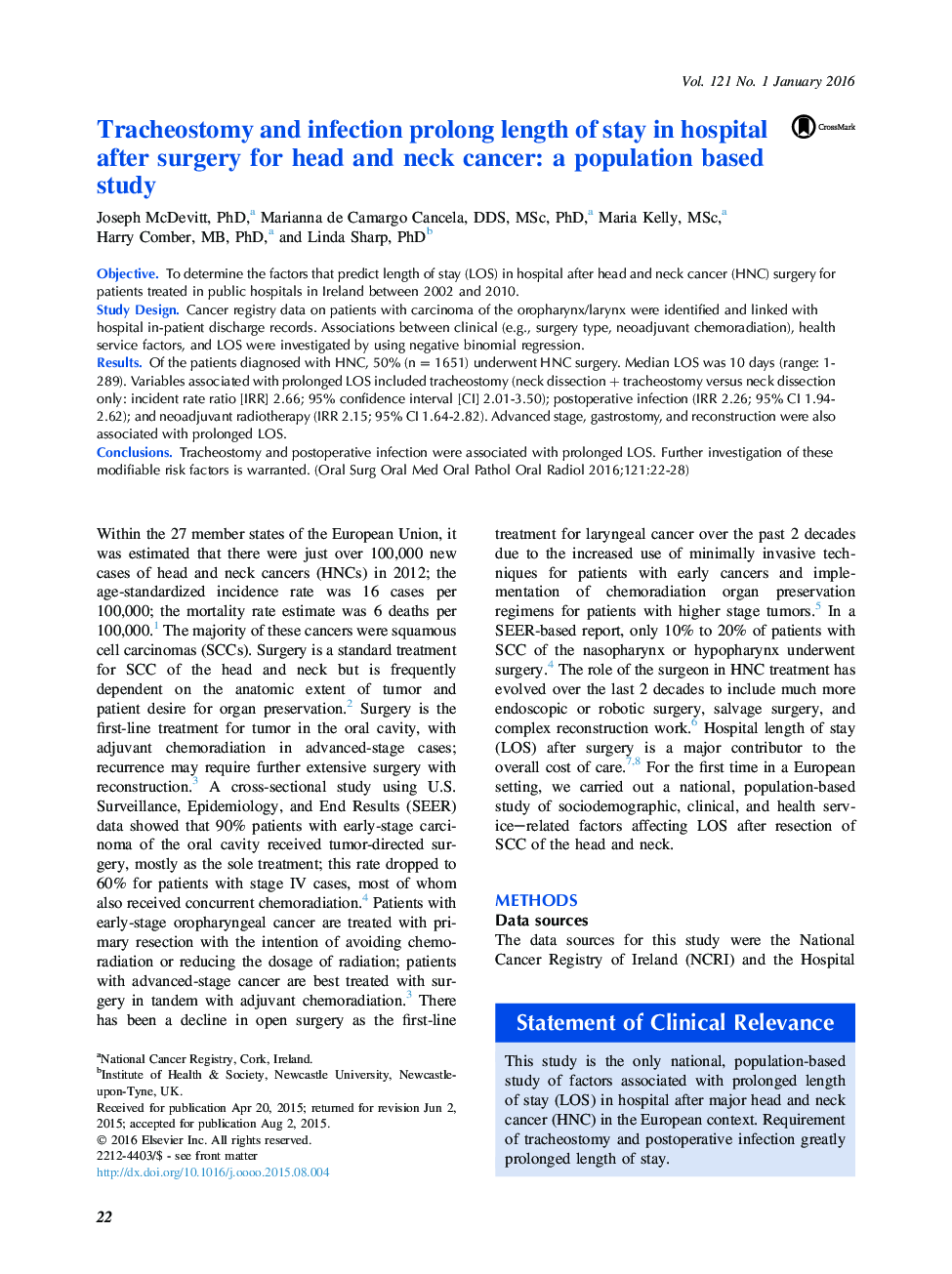 Tracheostomy and infection prolong length of stay in hospital after surgery for head and neck cancer: a population based study