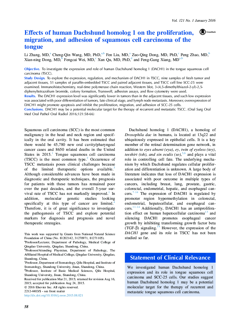 Effects of human Dachshund homolog 1 on the proliferation, migration, and adhesion of squamous cell carcinoma of the tongue 