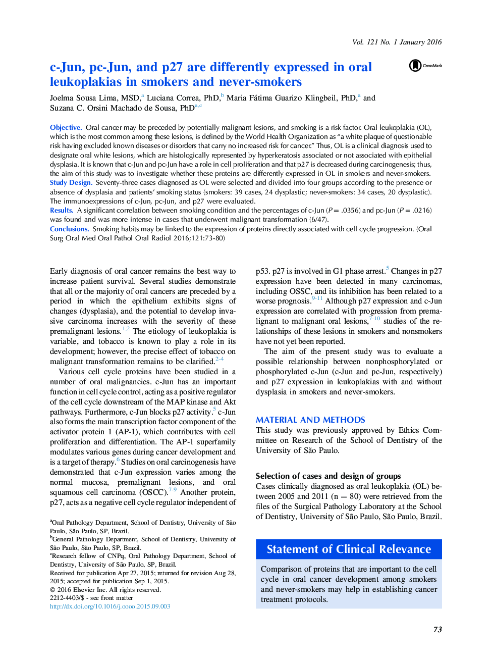 c-Jun, pc-Jun, and p27 are differently expressed in oral leukoplakias in smokers and never-smokers