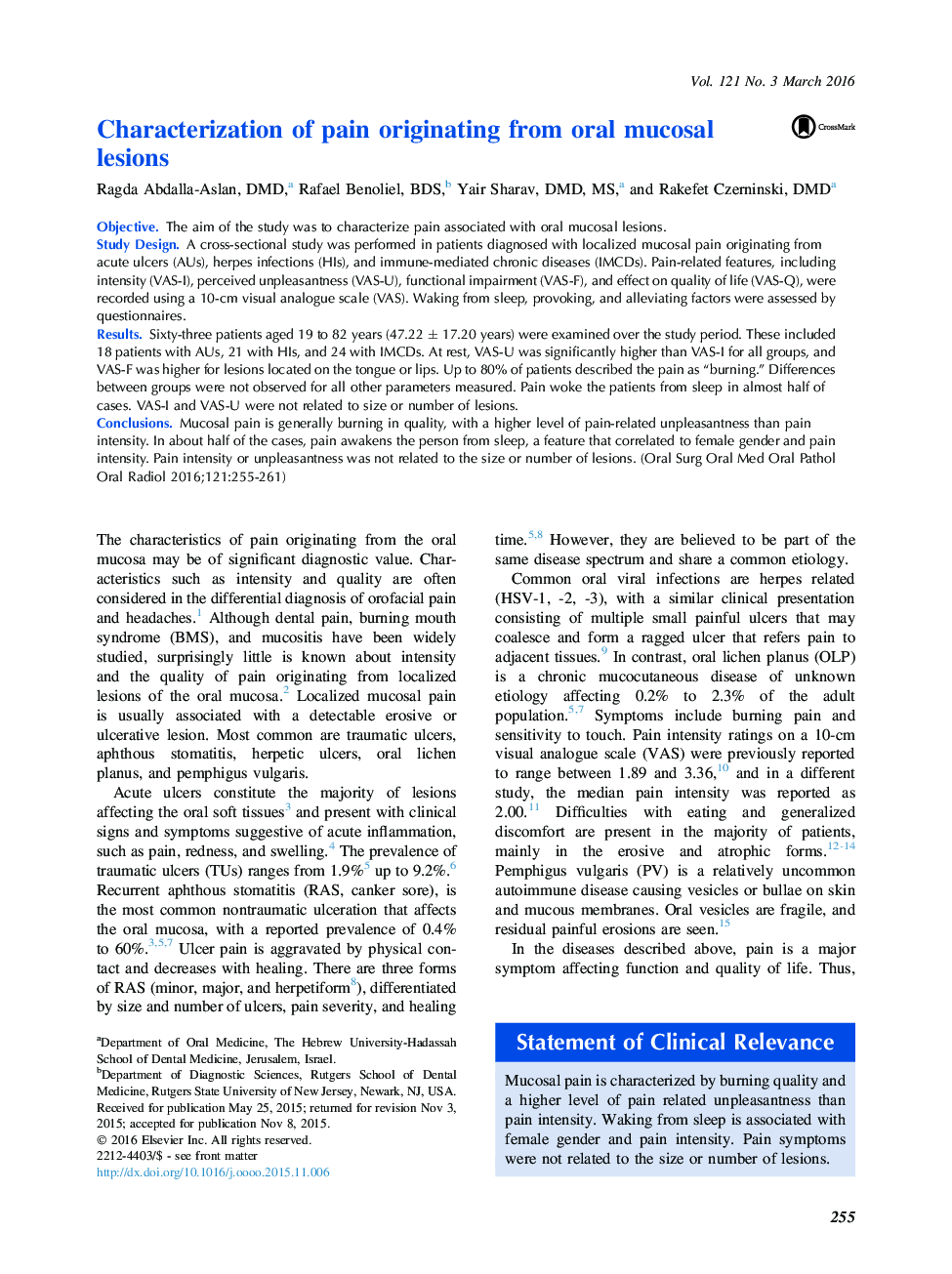 Characterization of pain originating from oral mucosal lesions