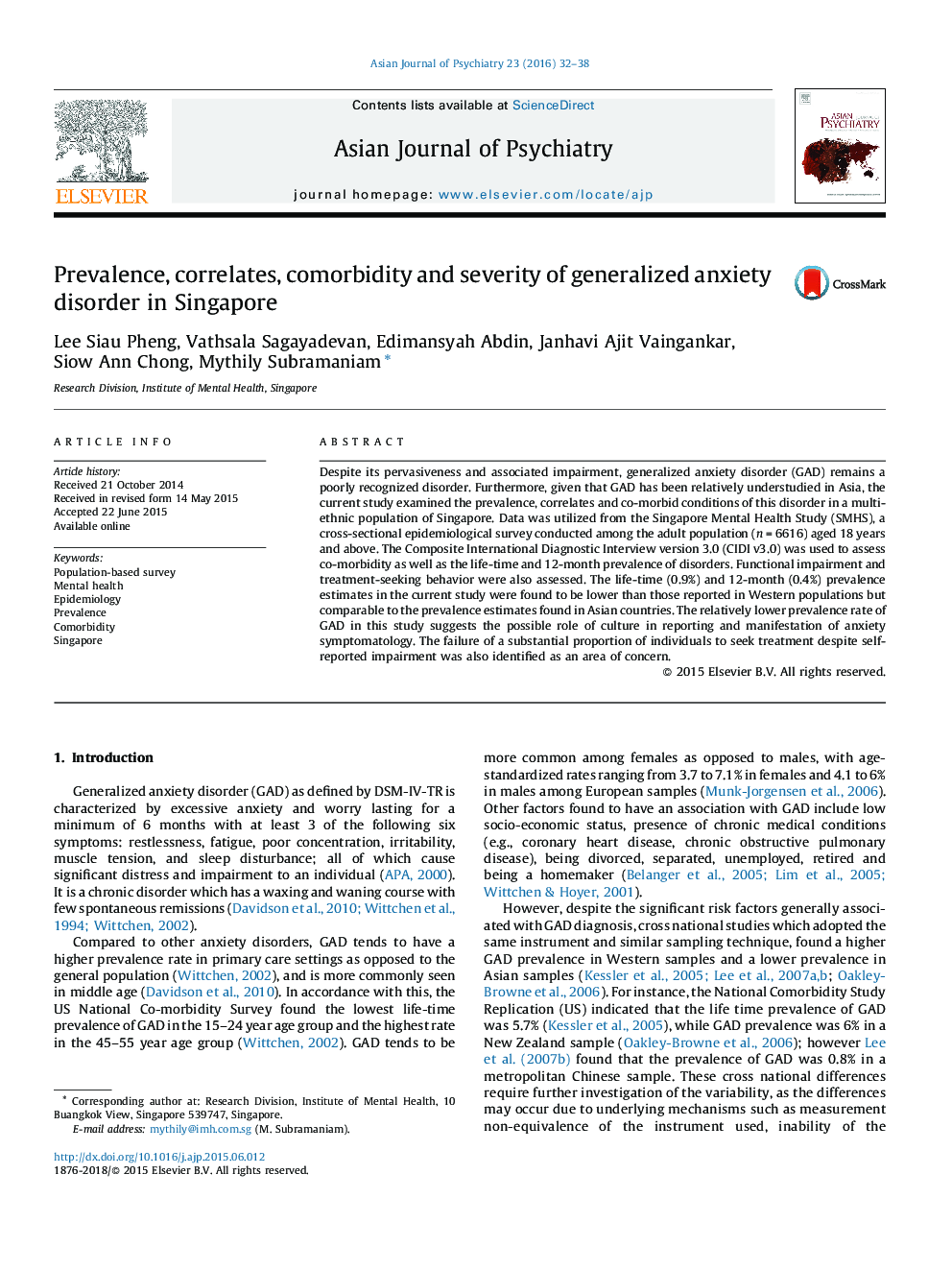 Prevalence, correlates, comorbidity and severity of generalized anxiety disorder in Singapore