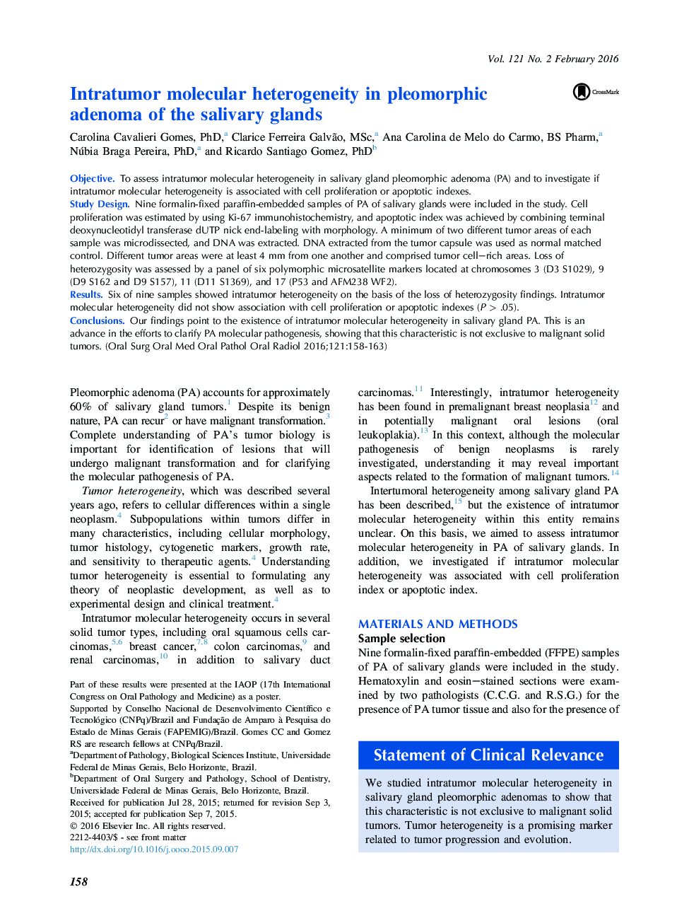 Intratumor molecular heterogeneity in pleomorphic adenoma of the salivary glands 