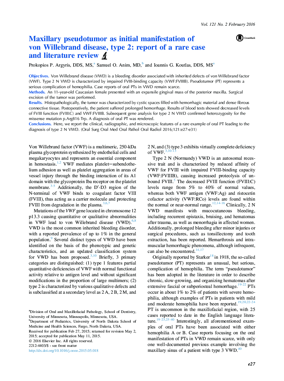 Maxillary pseudotumor as initial manifestation of vonÂ Willebrand disease, type 2: report of a rare case andÂ literature review