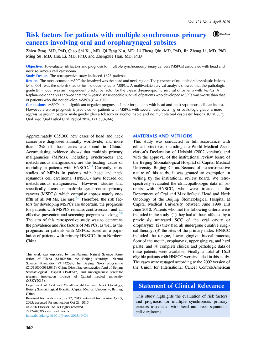 Risk factors for patients with multiple synchronous primary cancers involving oral and oropharyngeal subsites 