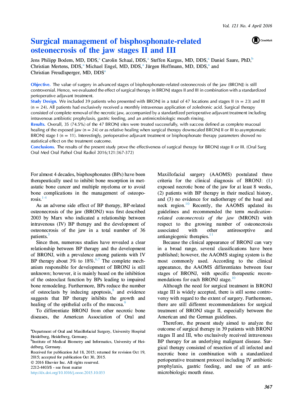 Surgical management of bisphosphonate-related osteonecrosis of the jaw stages II and III