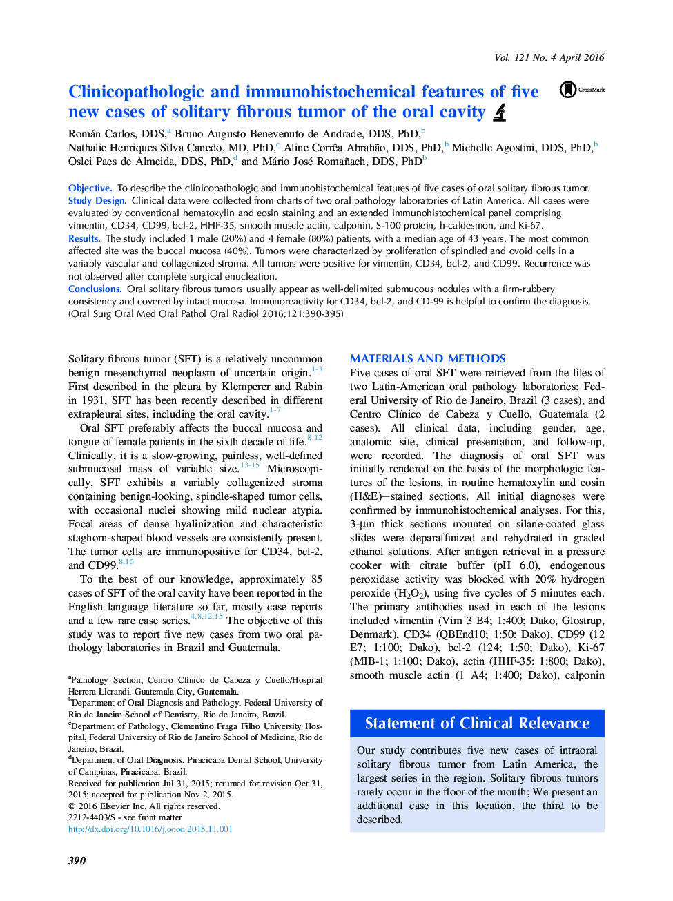 Clinicopathologic and immunohistochemical features of five new cases of solitary fibrous tumor of the oral cavity