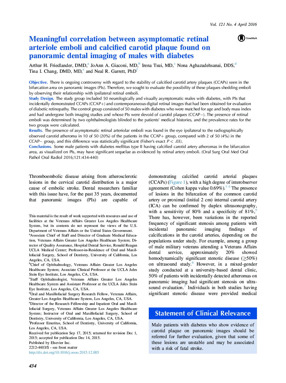 Meaningful correlation between asymptomatic retinal arteriole emboli and calcified carotid plaque found on panoramic dental imaging of males with diabetes 