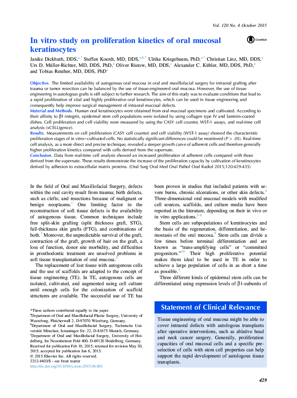 In vitro study on proliferation kinetics of oral mucosal keratinocytes