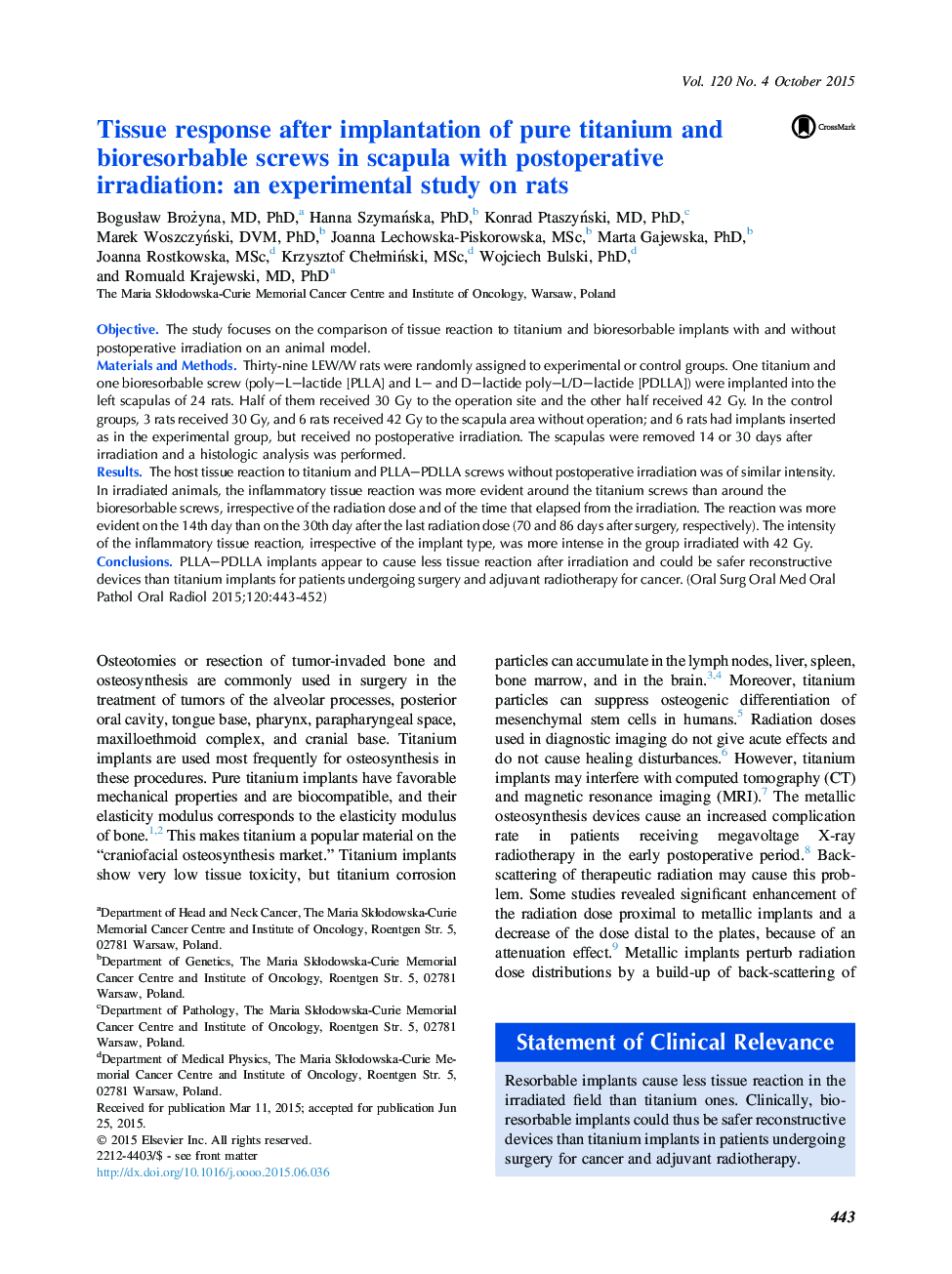 Tissue response after implantation of pure titanium and bioresorbable screws in scapula with postoperative irradiation: an experimental study on rats