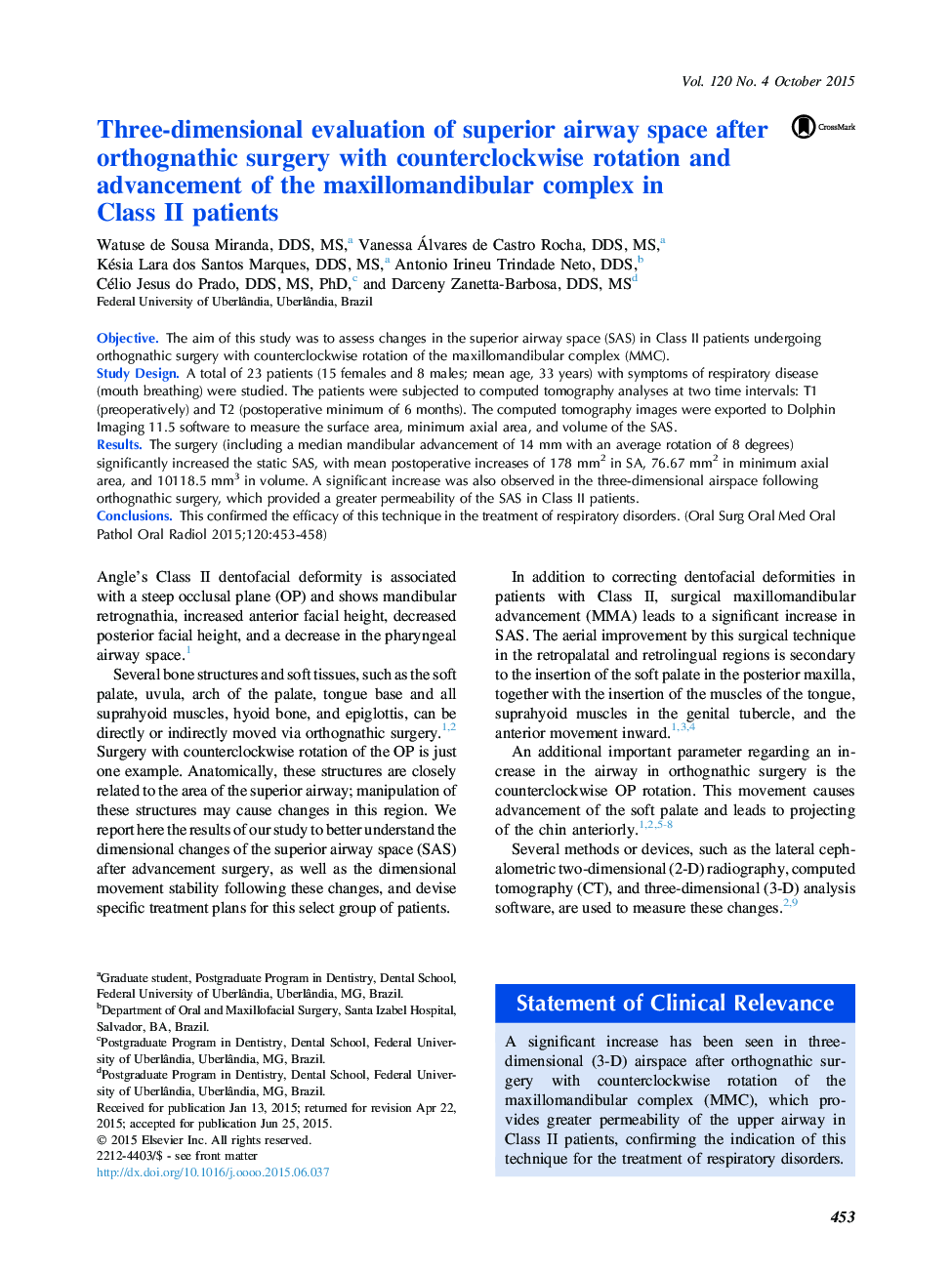 Three-dimensional evaluation of superior airway space after orthognathic surgery with counterclockwise rotation and advancement of the maxillomandibular complex in Class II patients