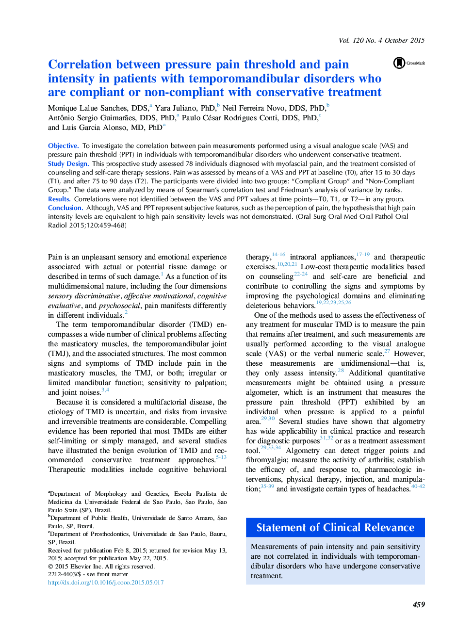 Correlation between pressure pain threshold and pain intensity in patients with temporomandibular disorders who are compliant or non-compliant with conservative treatment