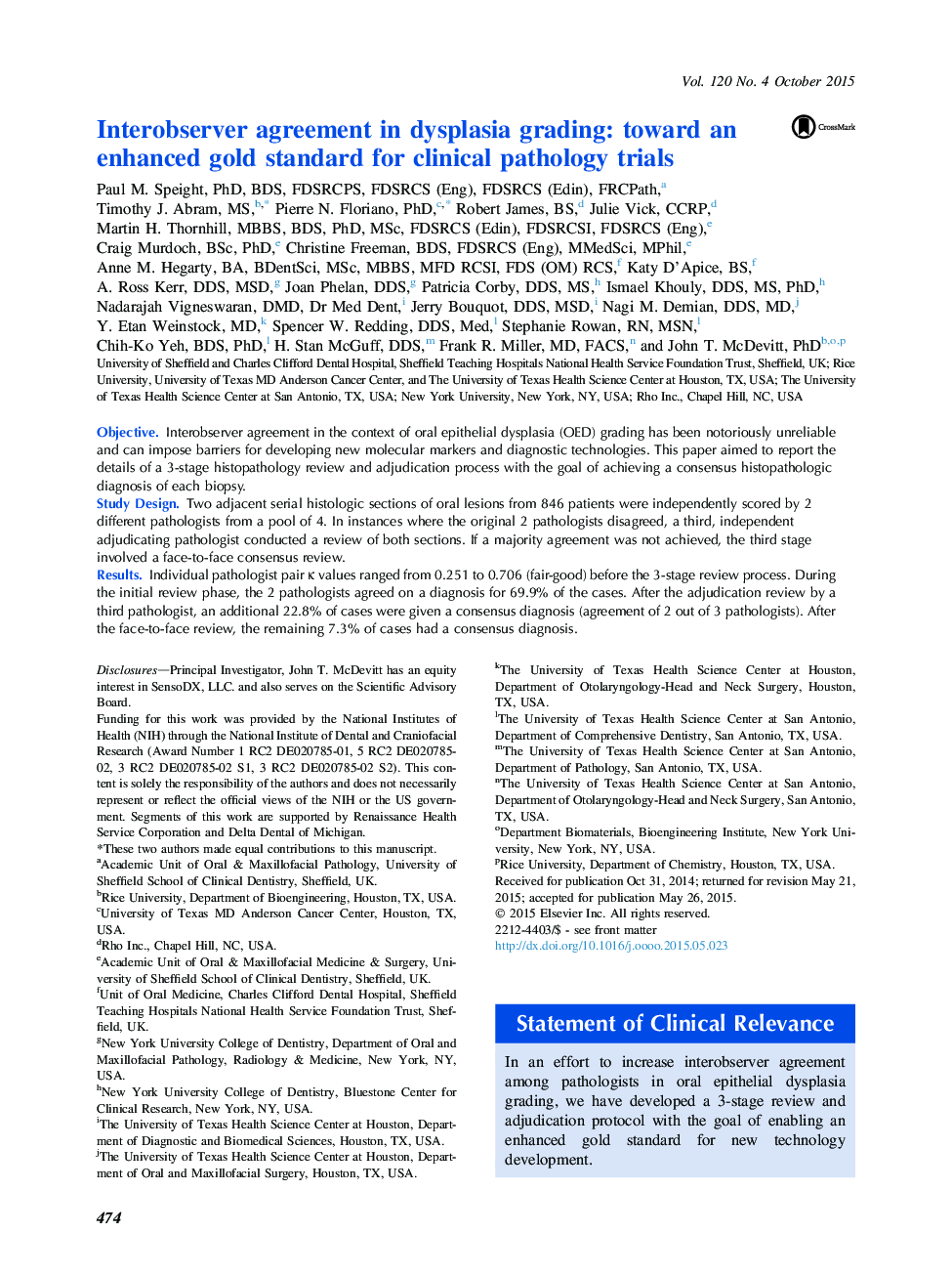 Interobserver agreement in dysplasia grading: toward an enhanced gold standard for clinical pathology trials